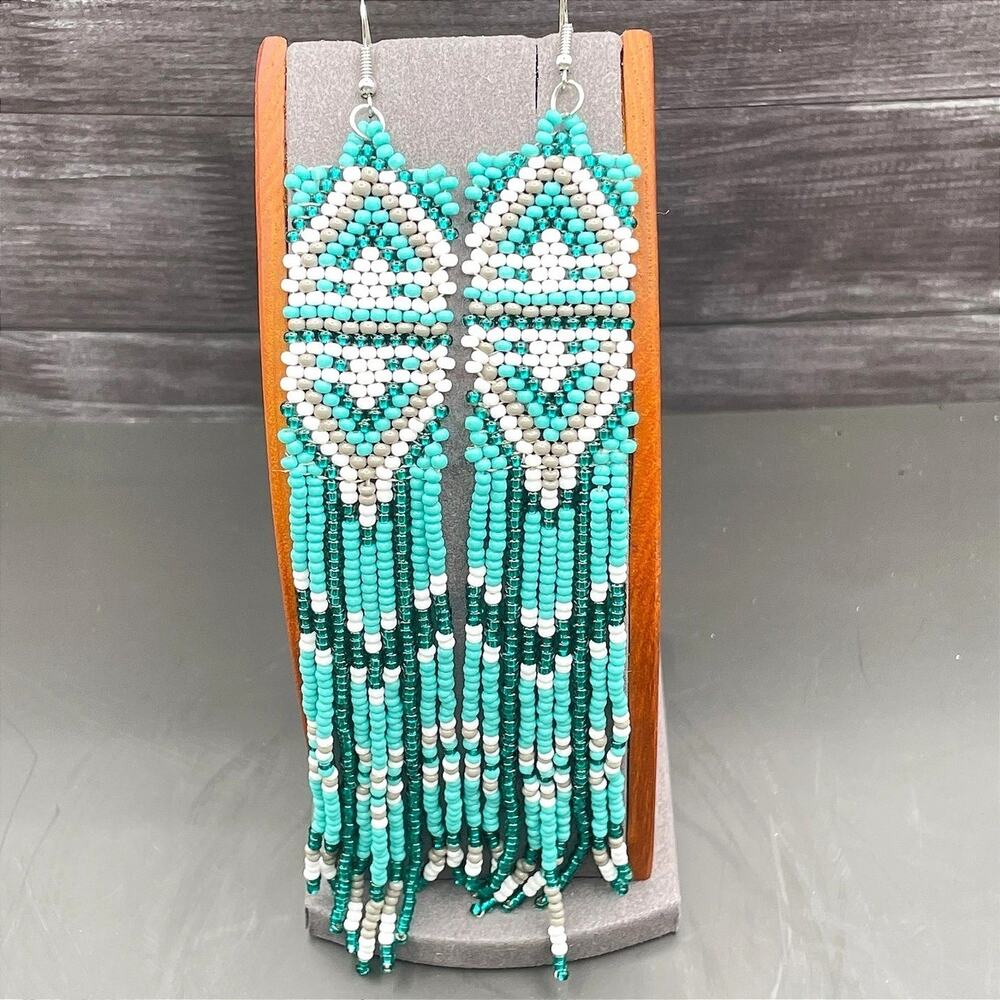 Vintage VTG Glass Seed Beaded Brick Stitch Cultural Bohemian Tesseled Fringe